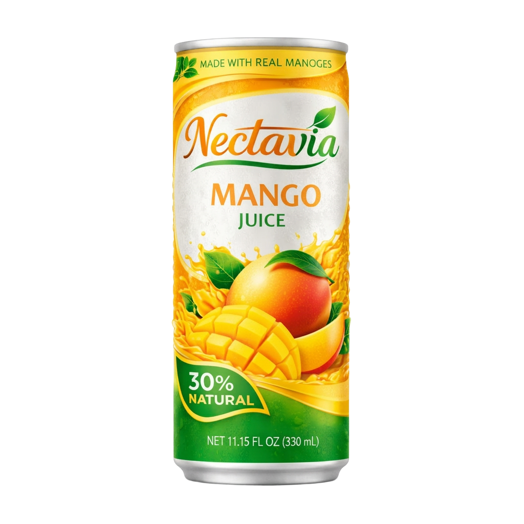 Nectavia Mango juice can — premium tropical fruit beverage