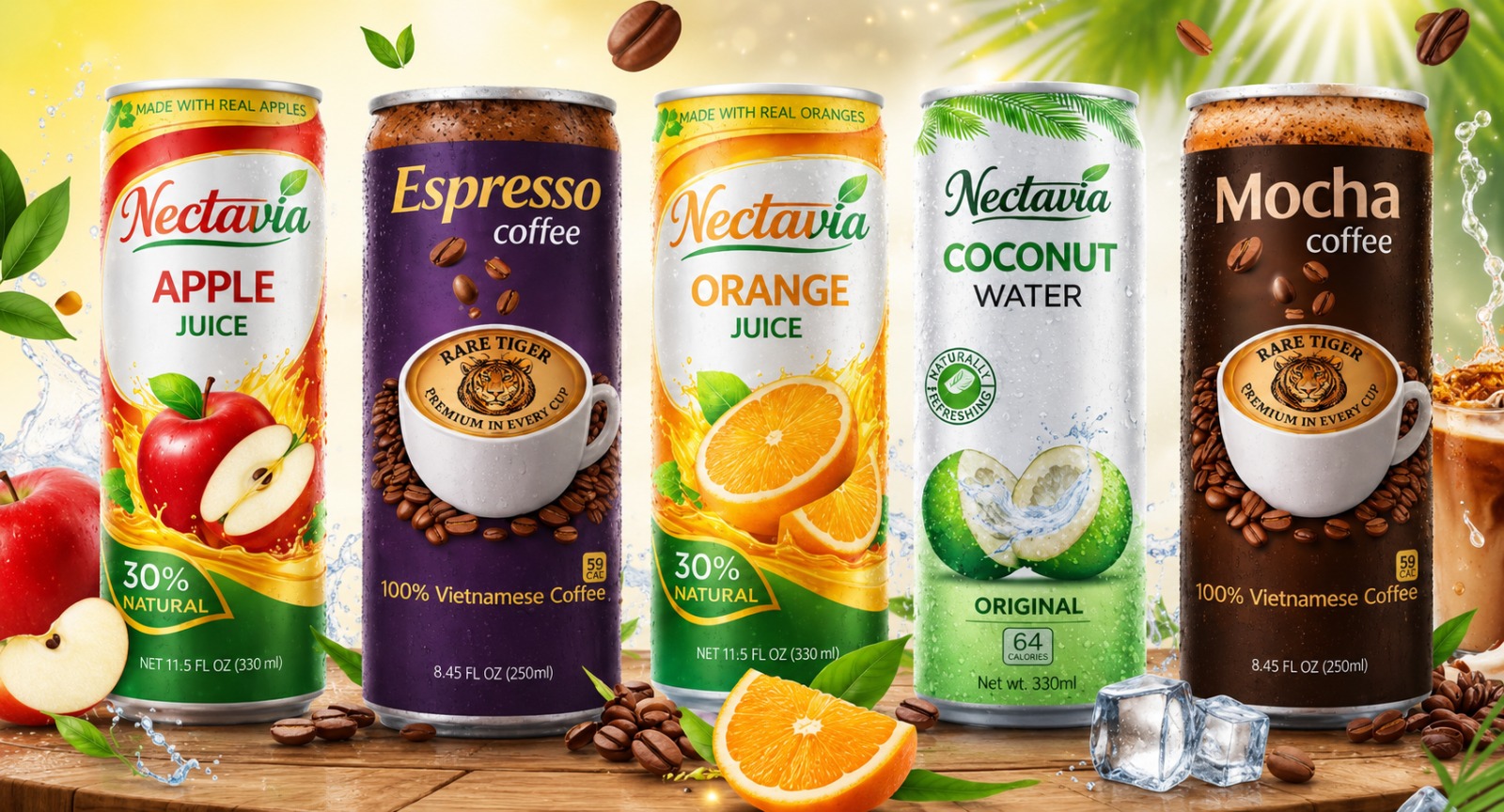 Globe Lifestyle Brands — Nectavia juices, coconut water and Rare Tiger coffee can lineup by Innovertise Global Markets Pvt. Ltd.